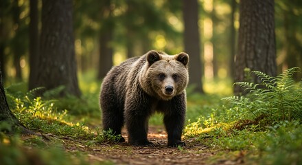 Obraz premium Brown bear standing in a sunlit forest clearing amidst tall trees