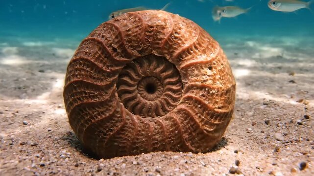 Ammonite fossil finding a resting place on the sandy bottom of the clear ocean, with tiny air bubbles rising from its ancient shell towards the water surface