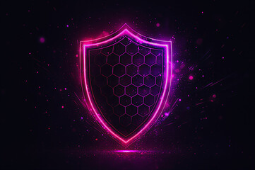 Cybersecurity shield icon glowing with neon light against dark background