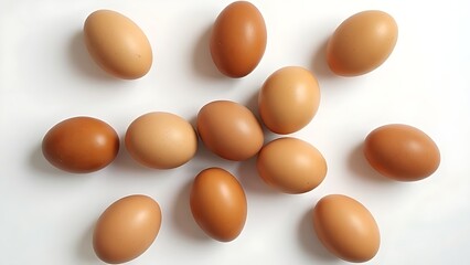 Fresh brown eggs arranged in a circular pattern on a clean white surface, emphasizing natural textures.