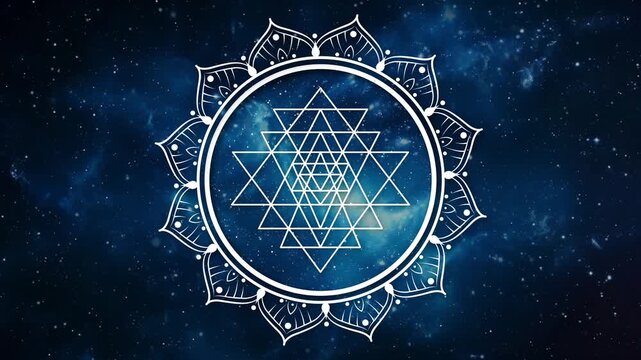 Video animation of Yantra Mandala, Sacred Geometry. Loop footage of Mystic lotus flower mandala, geometric drawing, shiny special effects on interstellar galaxy, blue cosmic background