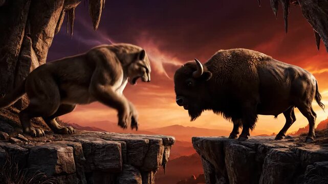 Saber-toothed cat and a bison are confronting each other on opposing cliff edges during a dramatic prehistoric sunset, embodying raw power, ancient struggle, survival, and competition in nature
