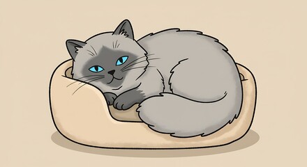 Cartoon cat resting in a cozy pet bed illustration