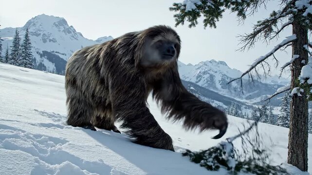 Giant ground sloth, a prehistoric extinct animal, walking across a snow-covered mountain slope, reaching for pine tree branches in a cold winter environment