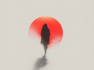 A person walks alone, silhouetted against a large red sun that casts a warm glow. The misty background adds to the serene yet mysterious feel of dusk.