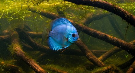 Vibrant blue discus fish swimming near submerged tree branches in aquatic environment