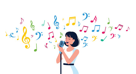Elegant Singer with Microphone Surrounded by Colorful Music Notes, a Celebration of Vocal Performance and Melodic Expression, on White Background