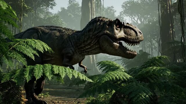 Tyrannosaurus rex moving cautiously through a dense, lush prehistoric jungle filled with giant fern plants and old trees, evoking a sense of ancient wilderness and adventure