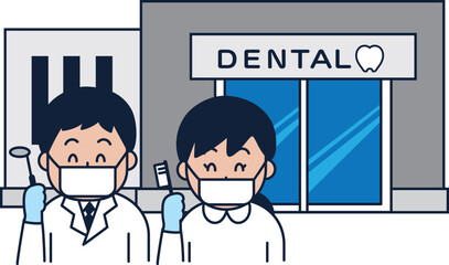 診療所の前に立つ歯科医師と歯科衛生士