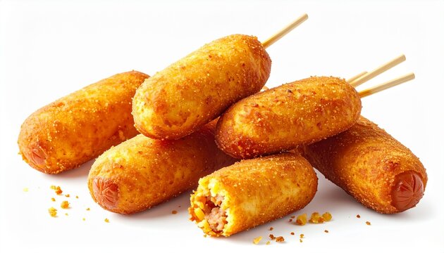 Enjoy delicious corn dogs stacked high, golden brown and irresistibly crispy for your next picnic, barbecue, or fun fair themed event