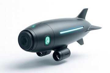 Futuristic airship drone with camera and glowing lights on white background