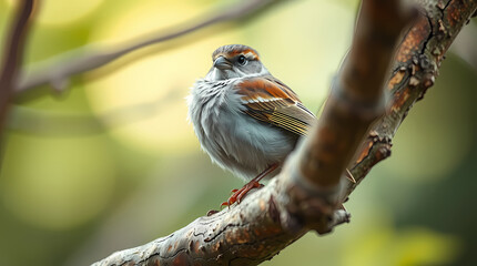 A sparrow sits on a tree branch, close-up portrait.