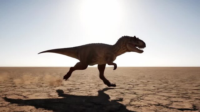 Tyrannosaurus rex running fast over a dry, cracked desert landscape during daytime, kicking up dust and casting a long shadow, depicting a prehistoric predator in its natural habitat