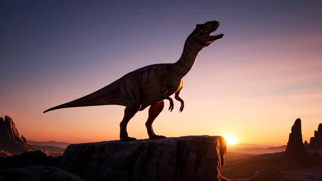Allosaurus dinosaur stands on a rocky outcrop, observing a prehistoric landscape during a vibrant golden to purple sunset, illustrating ancient earth's wildlife
