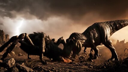 Tyrannosaurus rex and a huge, dark spider with glowing red eyes facing each other in an epic monster battle scene across a desolate, rocky, and dusty desert landscape under a dramatic sky - Powered by Adobe