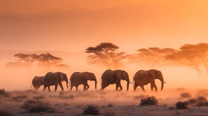 Fototapeta premium Elephants walking at sunset in dusty savanna with acacias