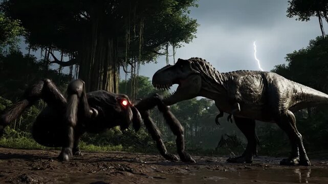 Tyrannosaurus rex and a giant spider clash in a dark, stormy jungle as lightning splits the sky, a tense fantasy showdown of prehistoric power, danger, and raw aggression