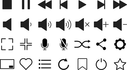 media control icon set. Multimedia control icons collection. Media Player Button set. Video and audio player sign. play, pause, stop, volume, shuffle and many more