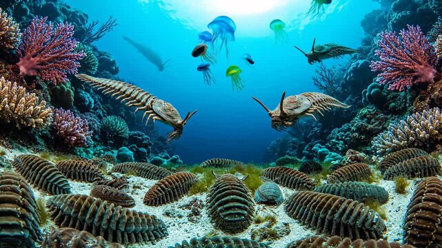 Ancient marine creatures like trilobites and anomalocaris inhabit a vibrant underwater coral reef, depicting a rich ecosystem from the cambrian period