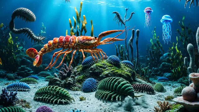 Prehistoric marine ecosystem showcasing various ancient arthropods, jellyfish, and diverse seabed organisms thriving in a vibrant underwater environment during the cambrian period