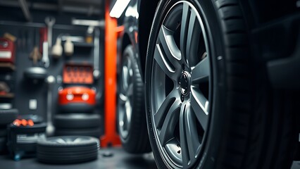 Obraz premium Automotive maintenance concept with tire service theme in a professional workshop.