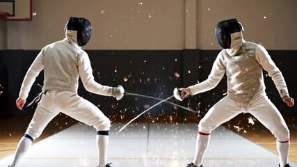 Two fencers wearing protective gear and white uniforms engaging in an intense sword fight during a competitive match on a strip, with sparks dynamically flying around them - Powered by Adobe