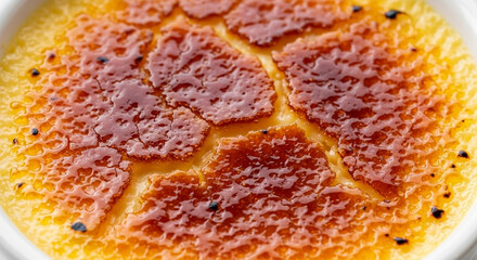 Close-up of crackly caramelized sugar top of crème brûlée