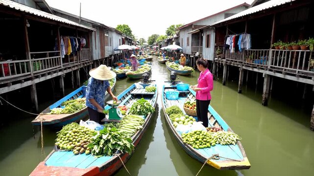 Vietnamese people engaging in commerce, selling and buying various fresh fruits and vegetables from their traditional sampan boats at a bustling floating market