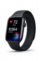 Modern Black Smartwatch Displaying Health Data on a Clean White Background