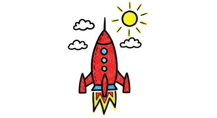 Vibrant red rocket blasting off towards a bright yellow sun and fluffy clouds, perfect for inspiring adventure and exploration.