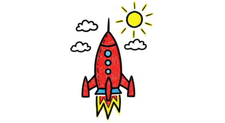 Vibrant red rocket blasting off towards a bright yellow sun and fluffy clouds, perfect for inspiring adventure and exploration.