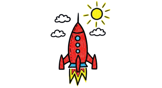 Vibrant red rocket blasting off towards a bright yellow sun and fluffy clouds, perfect for inspiring adventure and exploration.