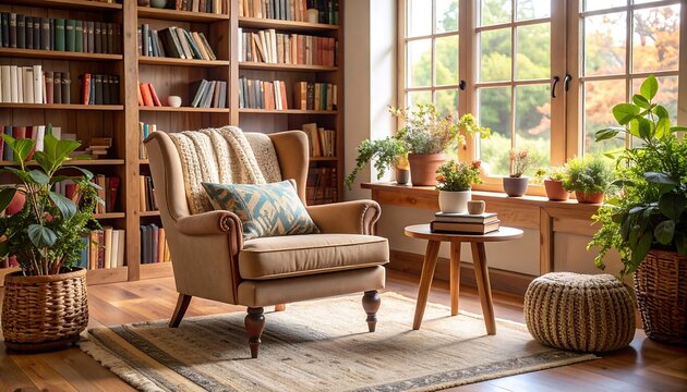 Cozy Reading Nook with Bookshelf and Plants. - Powered by Adobe