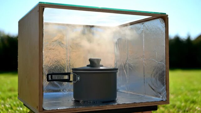 Homemade solar oven on grass under blue sky with steaming pot inside, demonstrating diy sustainable cooking using sunlight for eco-friendly, off-grid meal preparation and clean energy