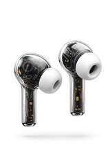 Wireless earbuds with transparent design showcasing internal components and technology