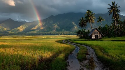 Rainbow over Tropical Rice Fields with Palm Trees