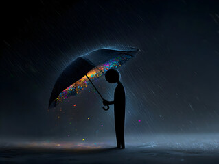 Silhouette Figure Under Colorful Umbrella In Rainy Night