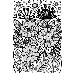 Elegant black and white floral botanical illustration featuring blooming flowers and foliage