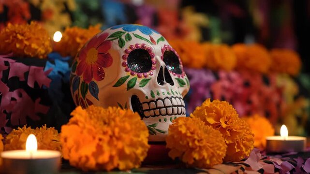 Hand decorating a colorful sugar skull on an ofrenda surrounded by marigolds, papel picado and glowing candles, honoring loved ones during d&iacute;a de muertos remembrance and ritual