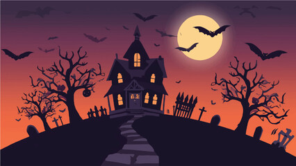 Spooky haunted house on a hill with graveyard, full moon, bats, and eerie trees, perfect for Halloween designs and scary themes