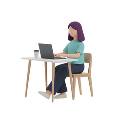 Stylized character intently working on a laptop at a minimalist white desk with a cup