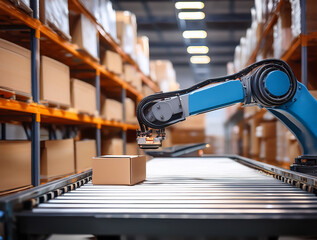 A robotic arm sorts small packages on conveyor belts in a warehouse