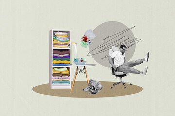 Collage showing womam man over washing machine with laundry around symbolizing chaos rush in household cleaning