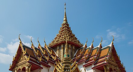 Ornate temple structure against a clear blue sky architectural detail