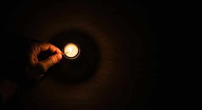 Man lights a small candle with a match in the dark. All Saints' Day remembrance, meditation, and spiritual concept.