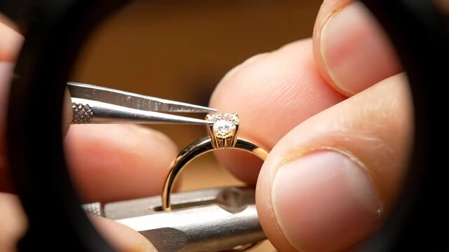 Jeweler's hands carefully setting a sparkling diamond into a gold ring using tweezers, viewed through a magnifying glass, focusing on precision and craftsmanship in jewelry making