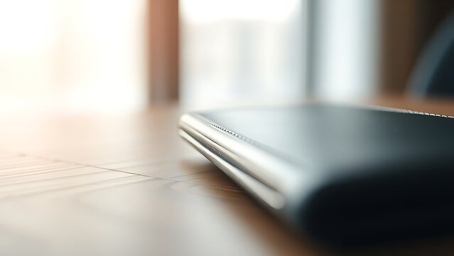 A sleek wallet lies on a wooden surface, highlighted by warm ambient lighting in a minimalist setting.