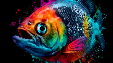Fototapeta premium Vibrant Abstract Piranha Head Portrait with Radiant Colors