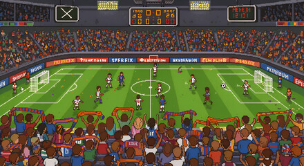 Pixel Art Soccer Match in Indoor Stadium with Crowd and Scoreboard