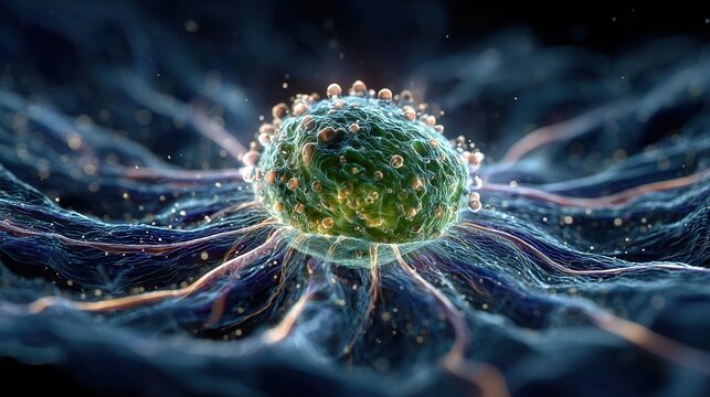 Abstract microscopic view of a glowing biological cell with electric energy lines. - Powered by Adobe